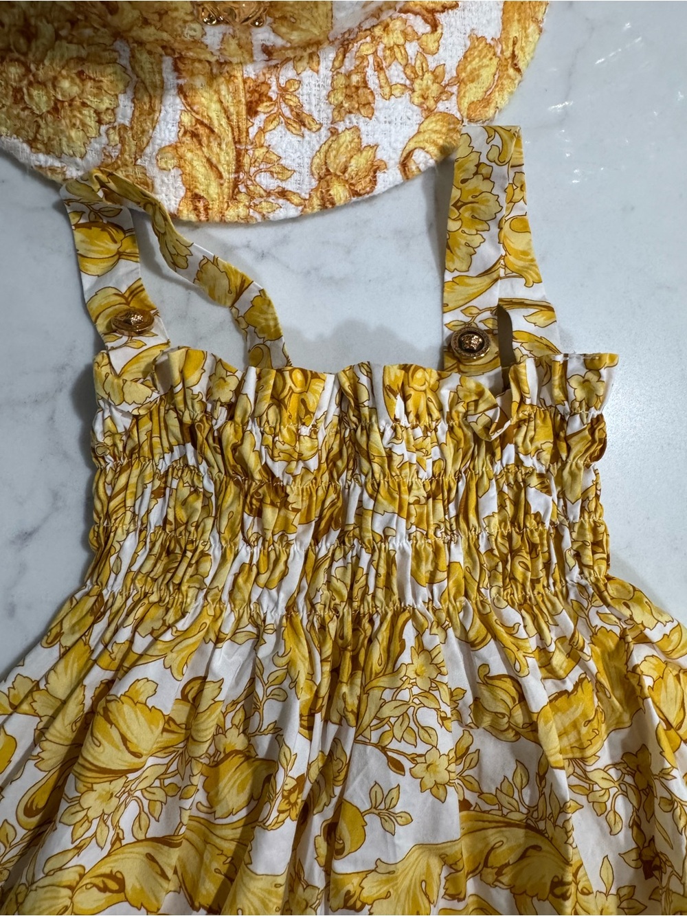 Versace Cream and Yellow Baroque Print Dress with Matching Hat - Picture 2 of 5